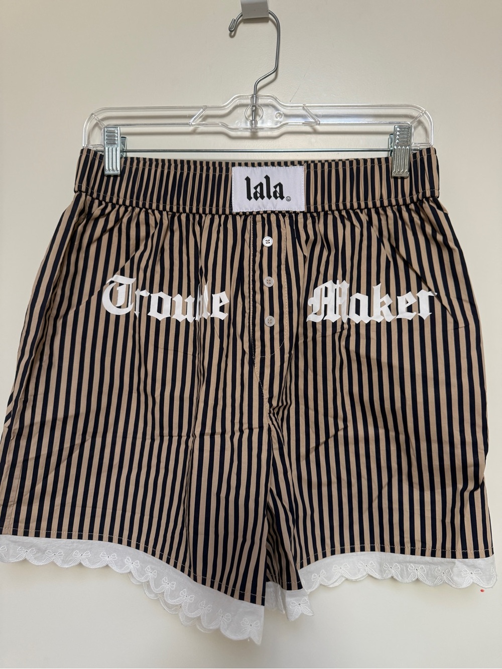 NWT Dressed in LaLa “Trouble Maker" Striped Lace-Trim Women's Shorts. Med